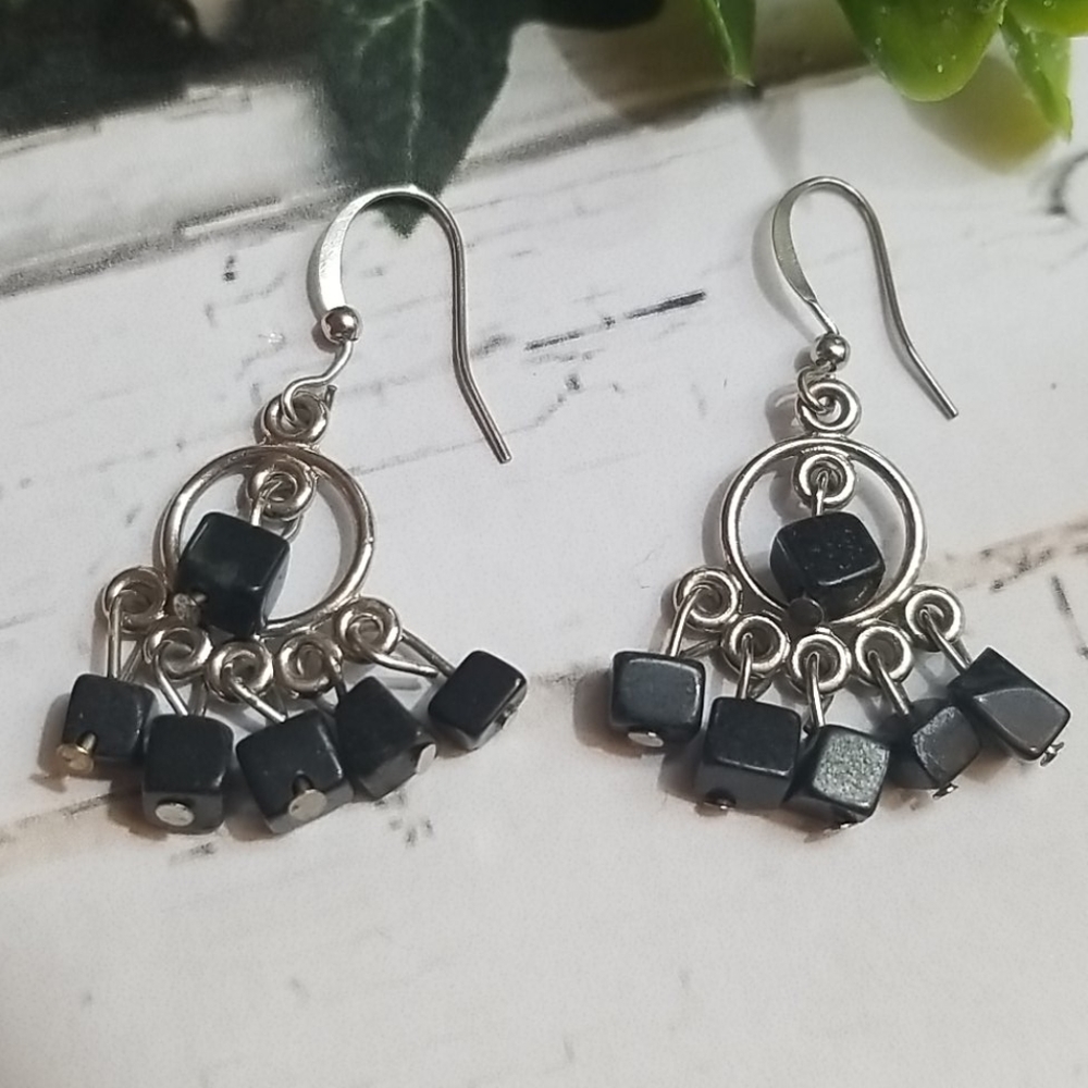 Boho Black Agate Bead Cluster Drop Earrings